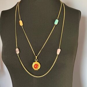Vintage Goldette Gold Tone Multi Stone Locket Necklace Long Station Chain